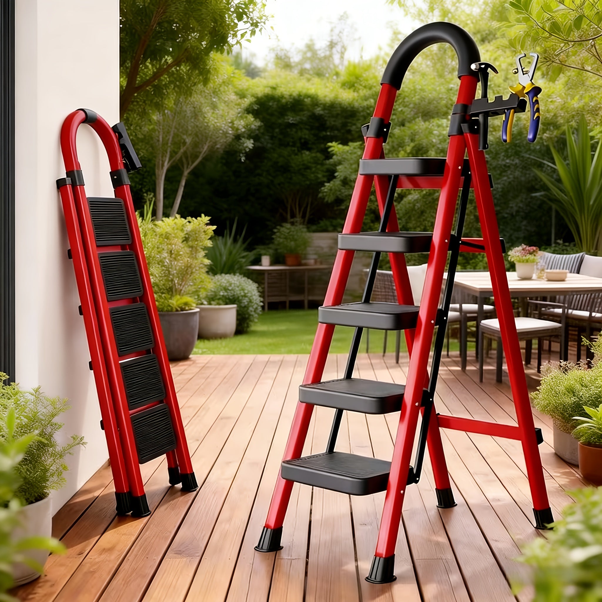 500lbs Load-bearing Folding Ladder | Heavy-duty Steel Step Stool with Anti-slip Wide Treads, Handrails, Safety Lock Design, Black And Red Color Scheme, Portable Multi-functional Ladder for Home And Kitchen Use-XPHYN