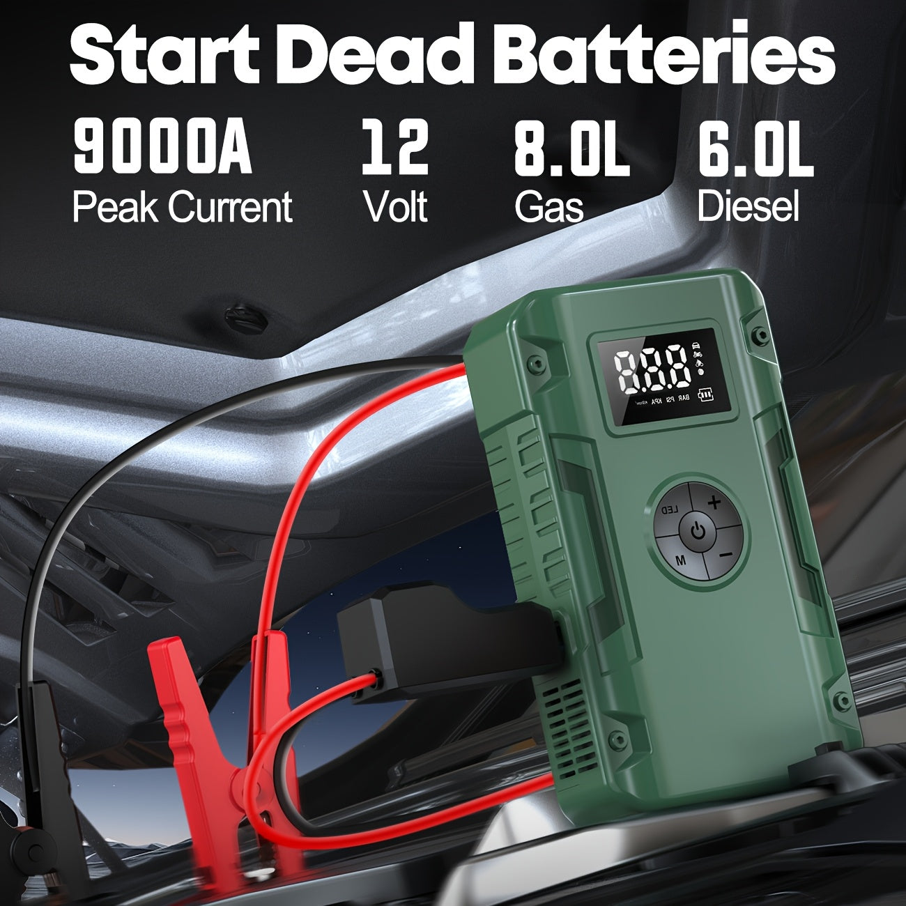 Jump Starter with Air Compressor: 10000A 7-in-1 Emergency Jump Starter, 150 PSI Tire Inflator, Portable Battery Charger, LED Light