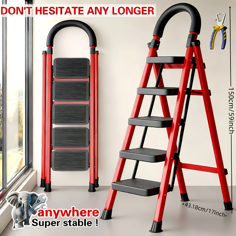 500lbs Load-bearing Folding Ladder | Heavy-duty Steel Step Stool with Anti-slip Wide Treads, Handrails, Safety Lock Design, Black And Red Color Scheme, Portable Multi-functional Ladder for Home And Kitchen Use-XPHYN