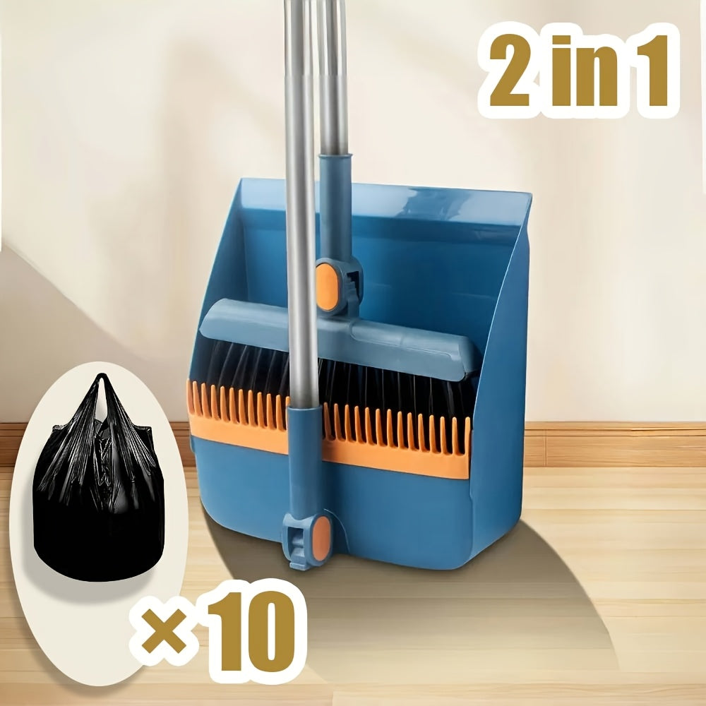 3-In-1 Household Broom with Dustpan Floor, Brush Set | 2-In-1 Cleaning Set with Long Handle, with Garbage Bags, Efficient Sweeping, Scrubbing with Comb Tooth Dustpan, Outdoor And Patio Cleaning, Essential Cleaning Supplies