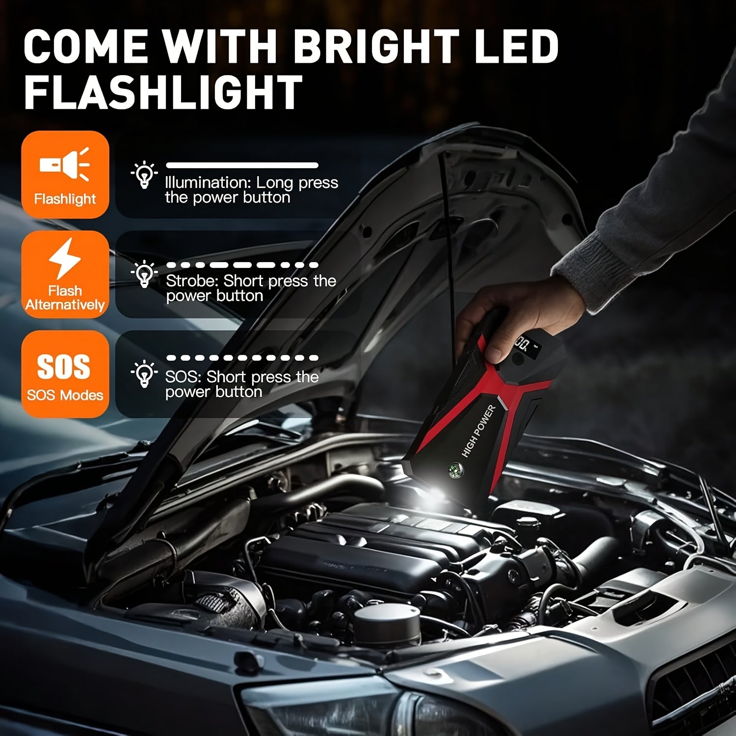 5-in-1 Portable Car Battery Jump Starter | 12V Fast Start, USB I/O, LED Emergency Light, Digital Display, Rechargeable Lithium Battery, 3000A Output, Roadside Emergency Tools, Compact Design