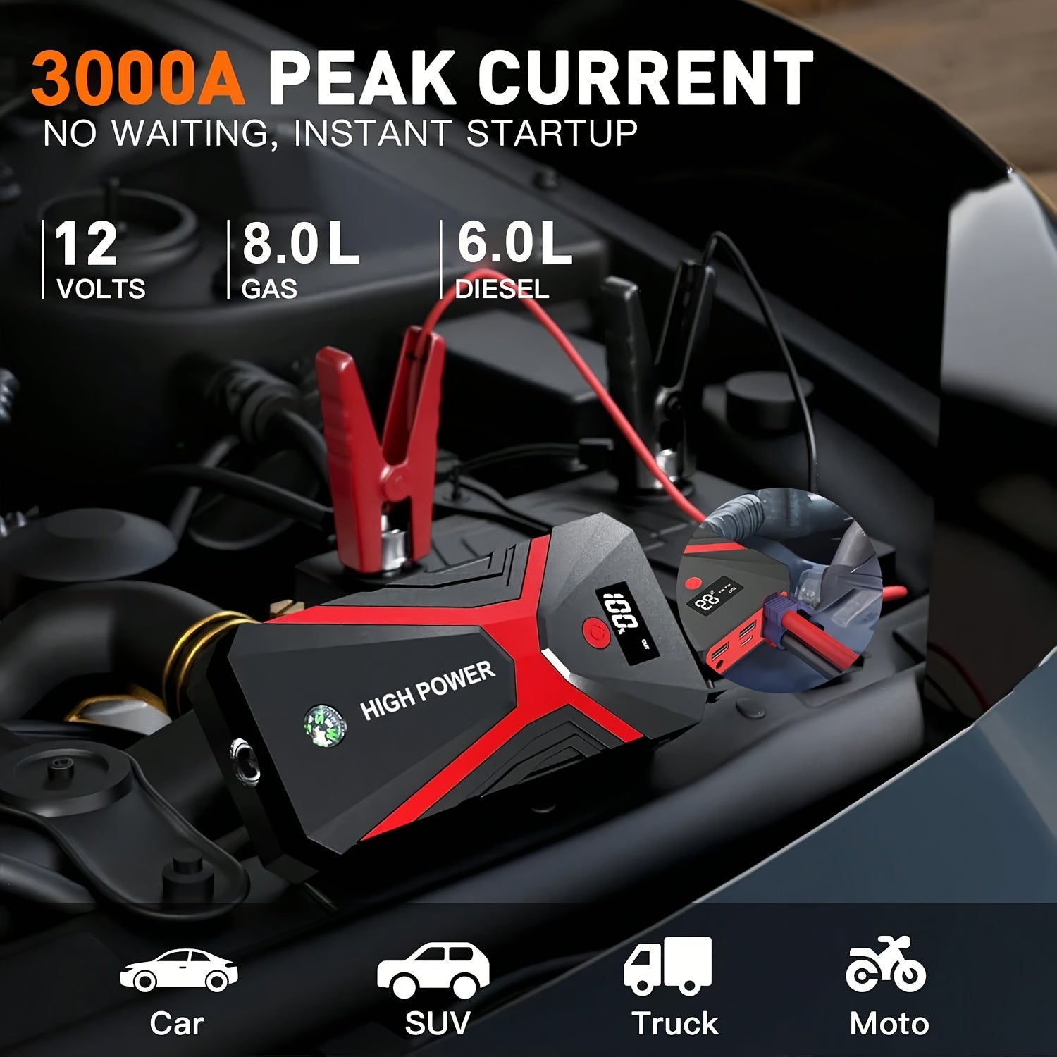 5-in-1 Portable Car Battery Jump Starter | 12V Fast Start, USB I/O, LED Emergency Light, Digital Display, Rechargeable Lithium Battery, 3000A Output, Roadside Emergency Tools, Compact Design