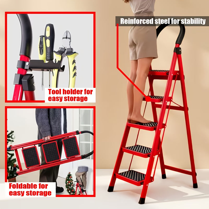 500lbs Load-bearing Folding Ladder | Heavy-duty Steel Step Stool with Anti-slip Wide Treads, Handrails, Safety Lock Design, Black And Red Color Scheme, Portable Multi-functional Ladder for Home And Kitchen Use-XPHYN