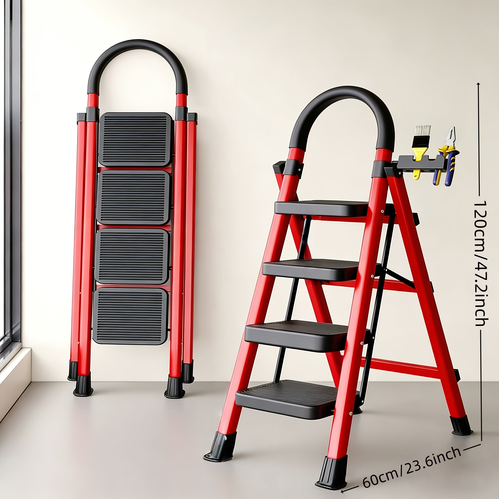 500lbs Load-bearing Folding Ladder | Heavy-duty Steel Step Stool with Anti-slip Wide Treads, Handrails, Safety Lock Design, Black And Red Color Scheme, Portable Multi-functional Ladder for Home And Kitchen Use-XPHYN