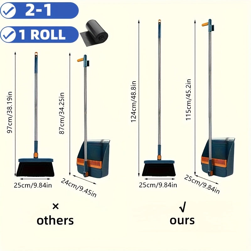 3-In-1 Household Broom with Dustpan Floor, Brush Set | 2-In-1 Cleaning Set with Long Handle, with Garbage Bags, Efficient Sweeping, Scrubbing with Comb Tooth Dustpan, Outdoor And Patio Cleaning, Essential Cleaning Supplies