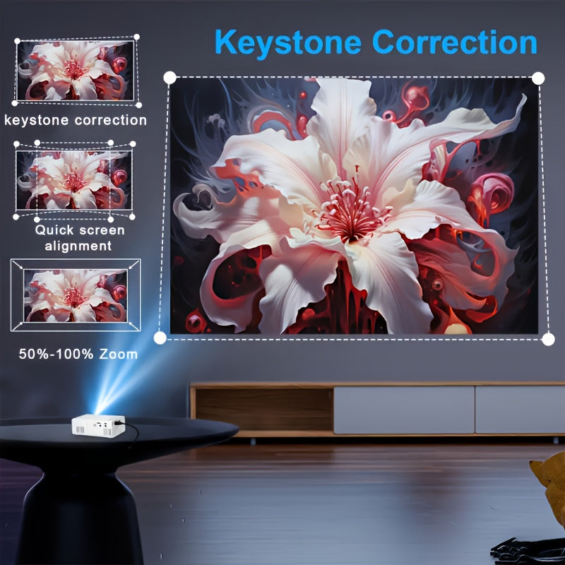 Compact Video Projector with Full HD 4K Capability, 720P Local Resolution, LCD Display Similar to Smart Tvs, Works with Smartphones, Tablets, And Laptops, USB Compatible, Ideal for Movies, Gaming, And Home Theater