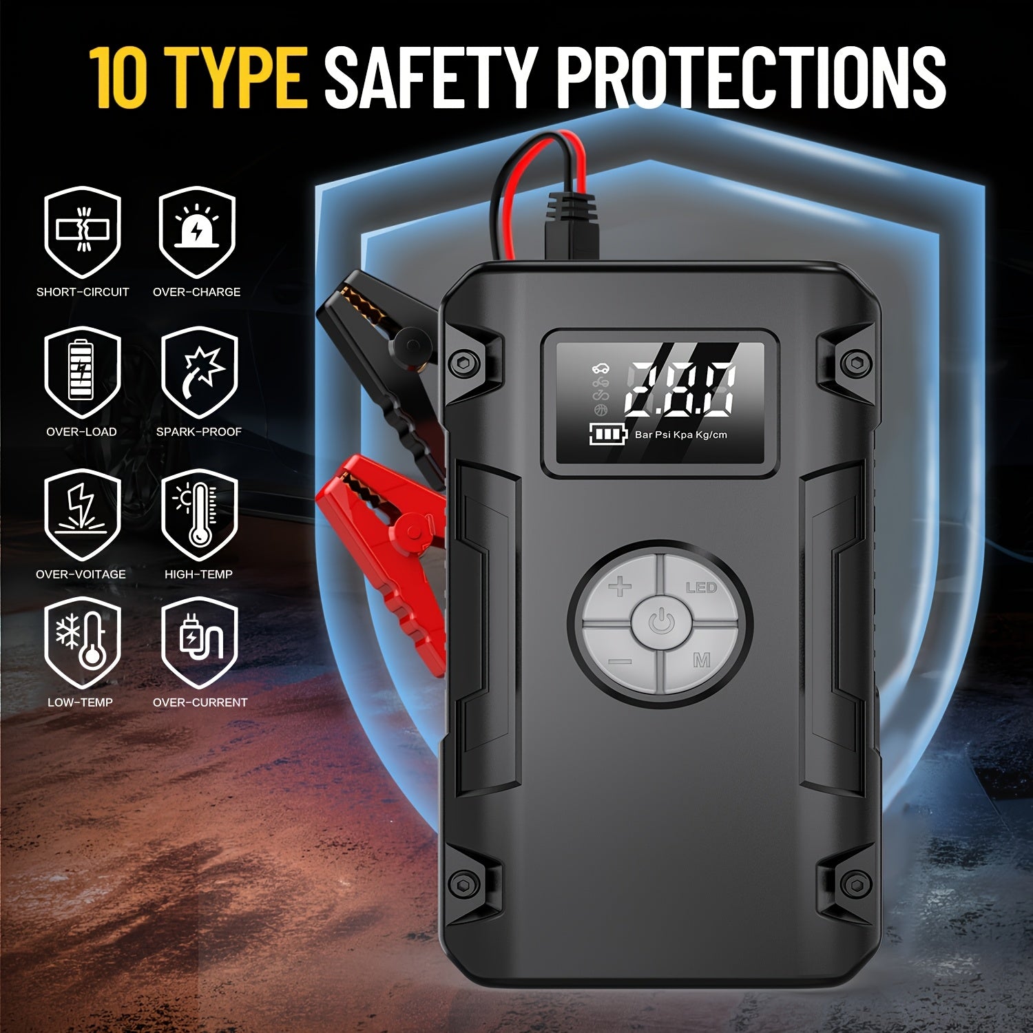 Jump Starter with Air Compressor: 10000A 7-in-1 Emergency Jump Starter, 150 PSI Tire Inflator, Portable Battery Charger, LED Light