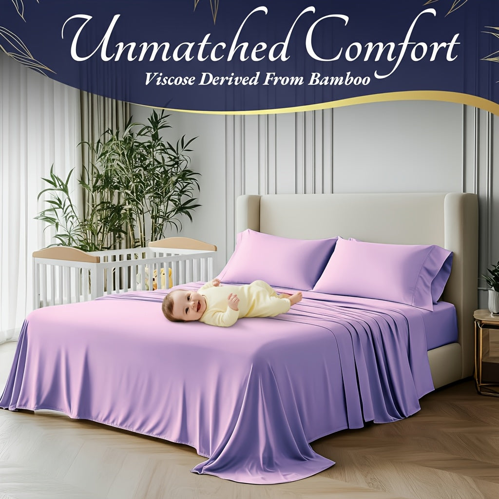 4pcs Bamboo Cooling Bedding - Extra Deep Pocket Breathable And Cooling - Suitable for Hot Sleepers And Sweats, Children Pillowcases, Flat Sheet And Fitted Sheet - A Perfect Gift for Family, Queen And King Sizes, Next Day Deli