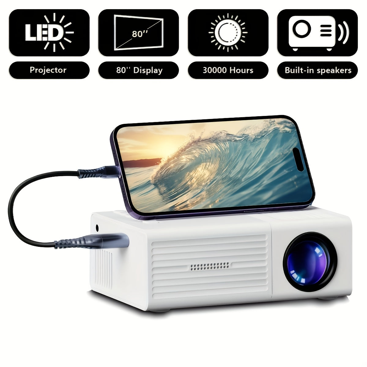 Compact Video Projector with Full HD 4K Capability, 720P Local Resolution, LCD Display Similar to Smart Tvs, Works with Smartphones, Tablets, And Laptops, USB Compatible, Ideal for Movies, Gaming, And Home Theater