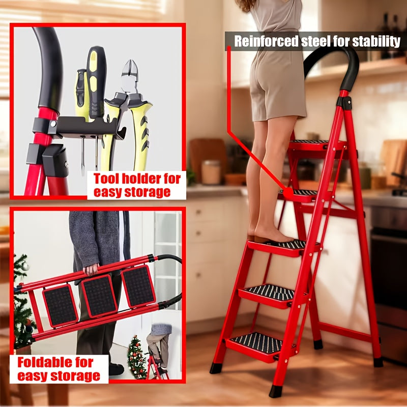 500lbs Load-bearing Folding Ladder | Heavy-duty Steel Step Stool with Anti-slip Wide Treads, Handrails, Safety Lock Design, Black And Red Color Scheme, Portable Multi-functional Ladder for Home And Kitchen Use-XPHYN