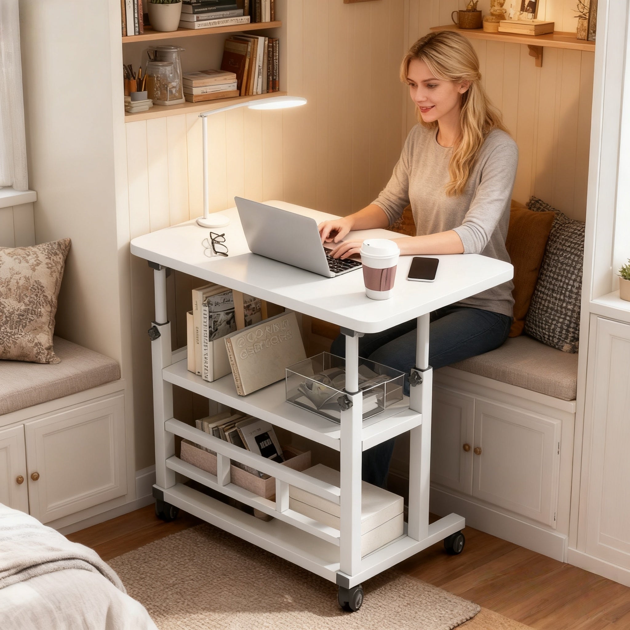 Multifunctional Standing Desk, Height Adjustable 23.62-35.43 Inches, Ergonomic Mobile Computer Desk with Casters, Stable and Comfortable, Sturdy and Durable, Easy to Assemble, Spacious Study Desk Suitable for Home Office and