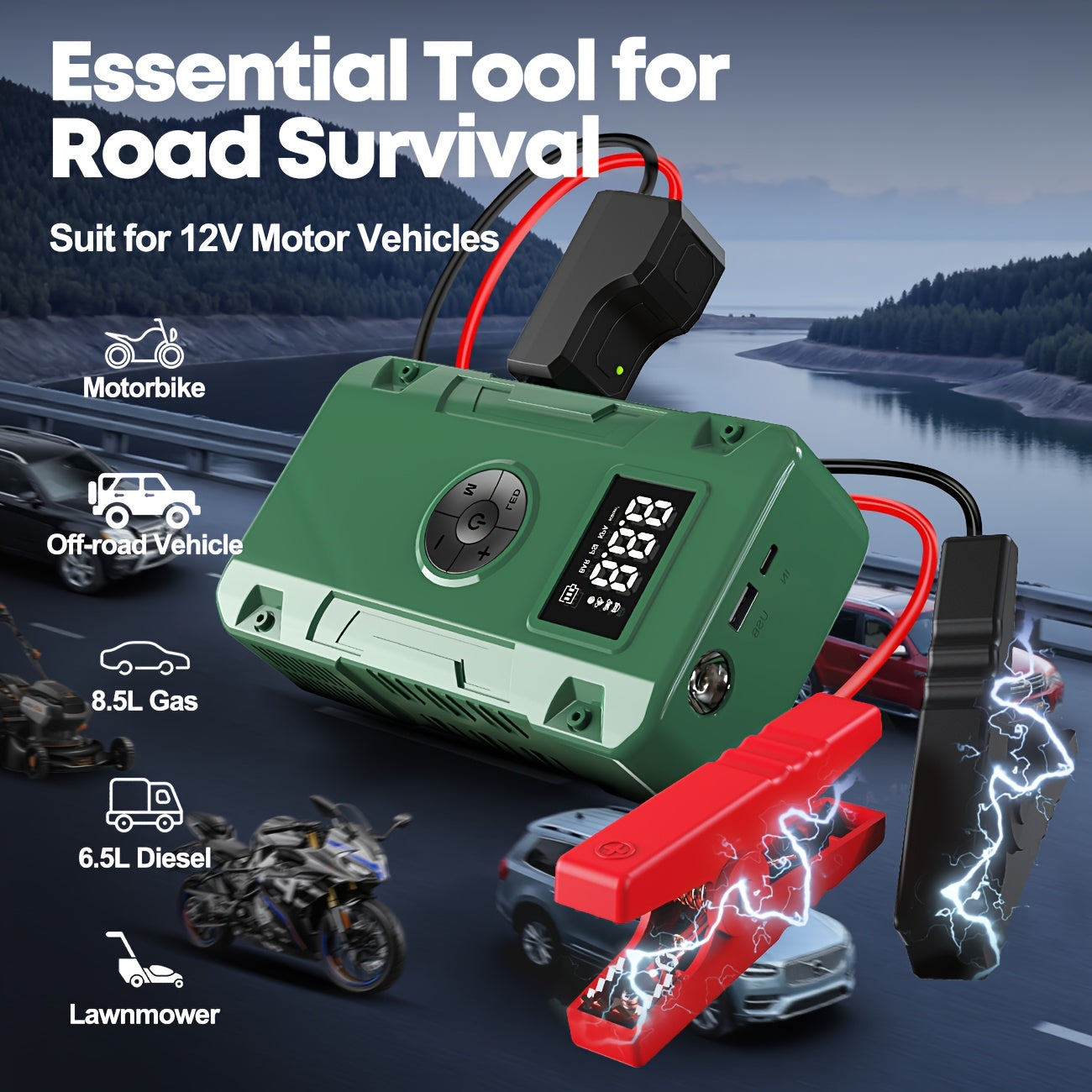Jump Starter with Air Compressor: 10000A 7-in-1 Emergency Jump Starter, 150 PSI Tire Inflator, Portable Battery Charger, LED Light