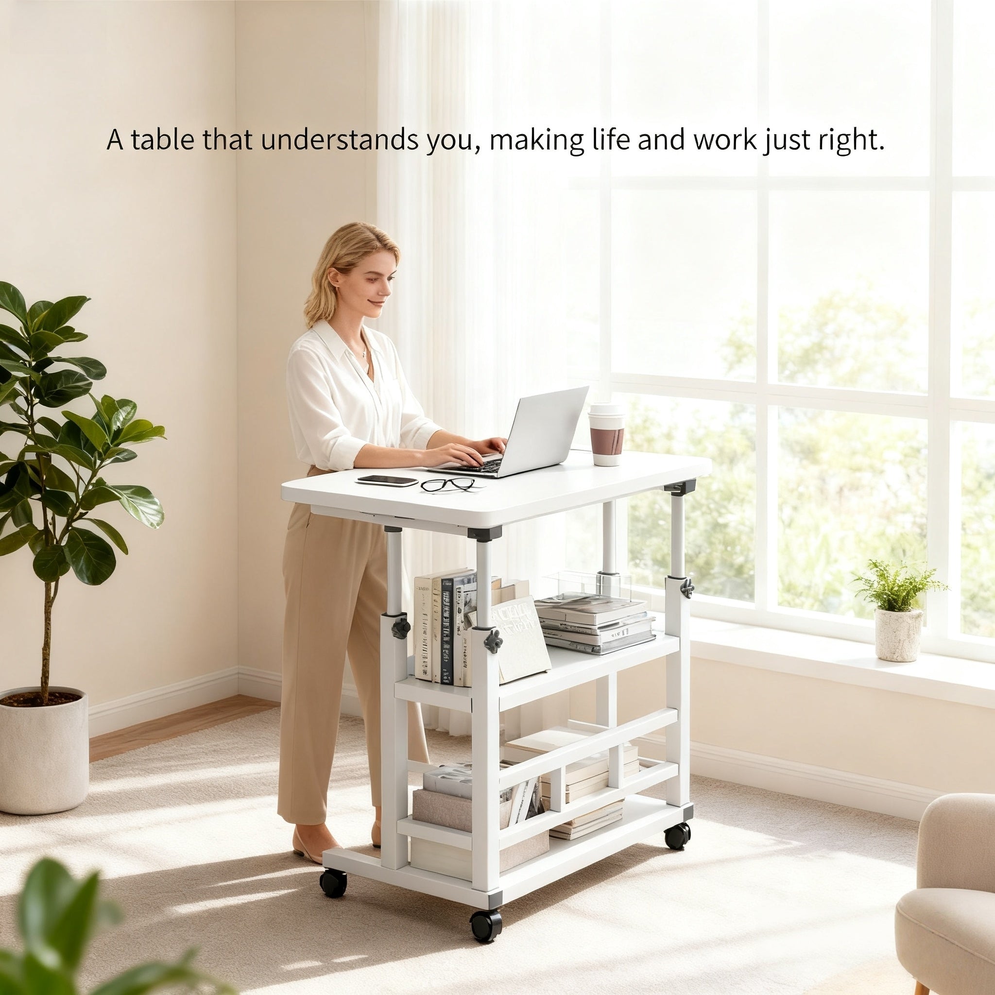 Multifunctional Standing Desk, Height Adjustable 23.62-35.43 Inches, Ergonomic Mobile Computer Desk with Casters, Stable and Comfortable, Sturdy and Durable, Easy to Assemble, Spacious Study Desk Suitable for Home Office and