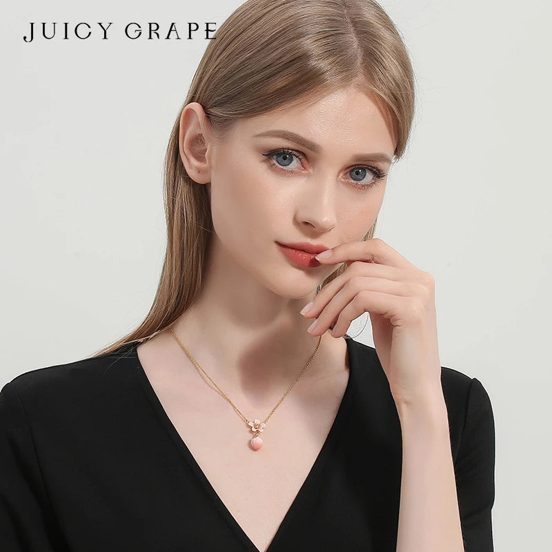 Juicy Grape Peach Flower Earrings 925 Silver Pin Handmade Enamel Necklaces Pink Copper Plated 18K Gold  For Girl Trendy Jewelry
