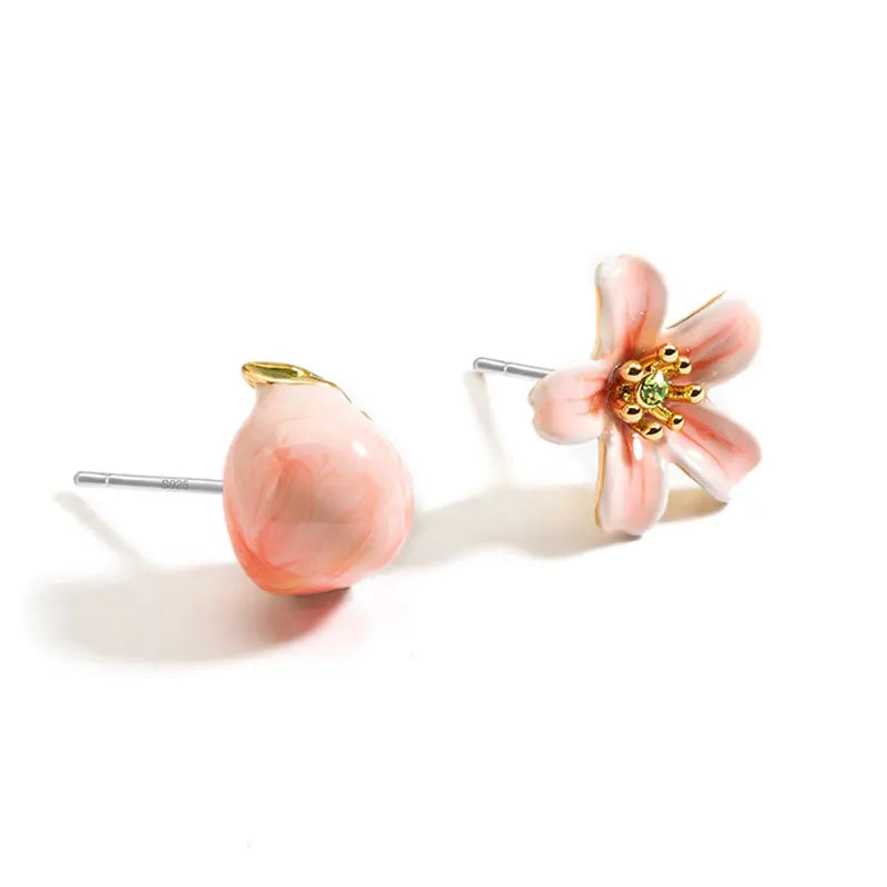 Juicy Grape Peach Flower Earrings 925 Silver Pin Handmade Enamel Necklaces Pink Copper Plated 18K Gold  For Girl Trendy Jewelry