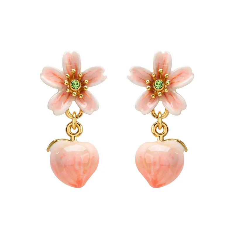 Juicy Grape Peach Flower Earrings 925 Silver Pin Handmade Enamel Necklaces Pink Copper Plated 18K Gold  For Girl Trendy Jewelry