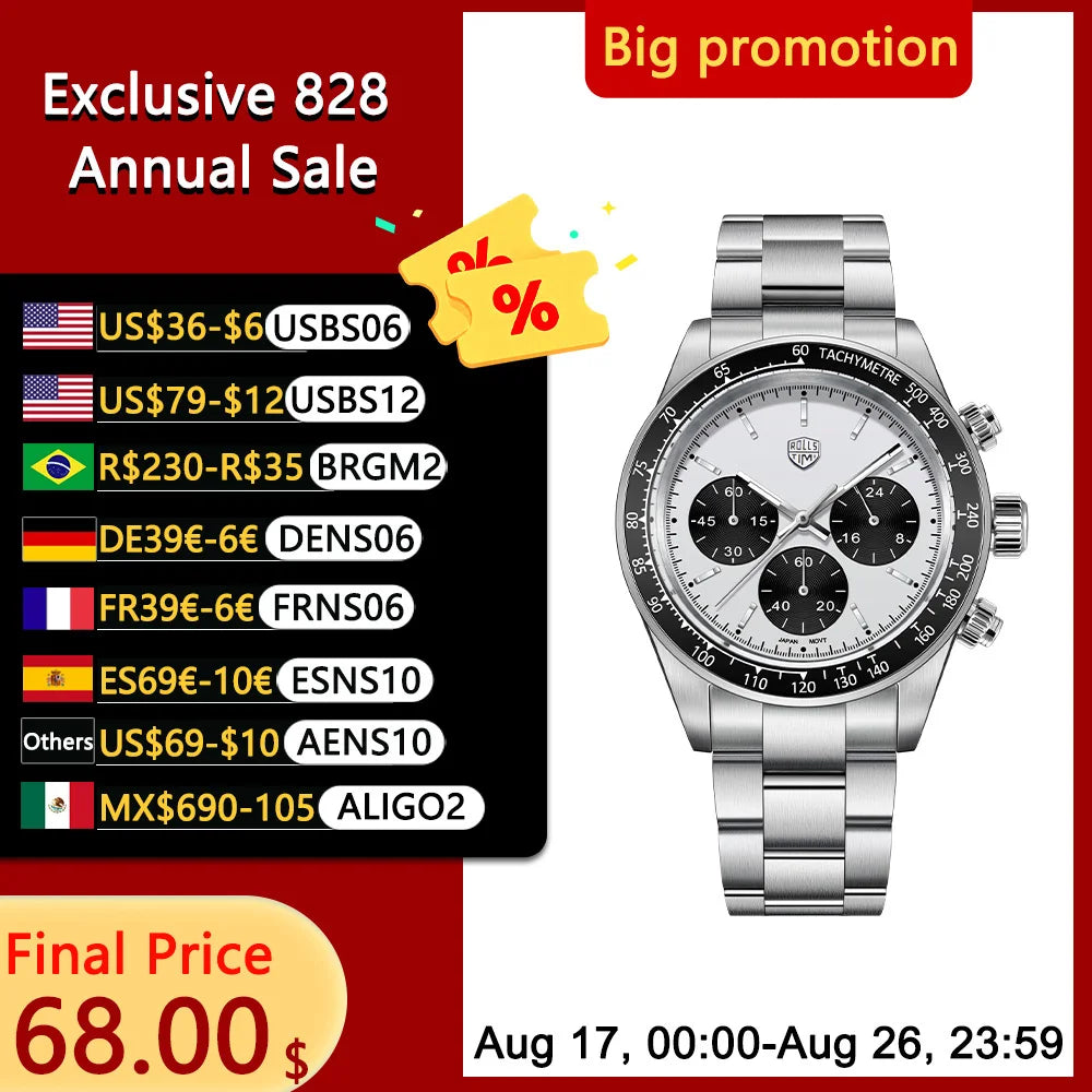 RollsTimi2026new men's watch top outdoor light sports men's quartz watch chronograph AR sapphire mirror fashion clock waterproof