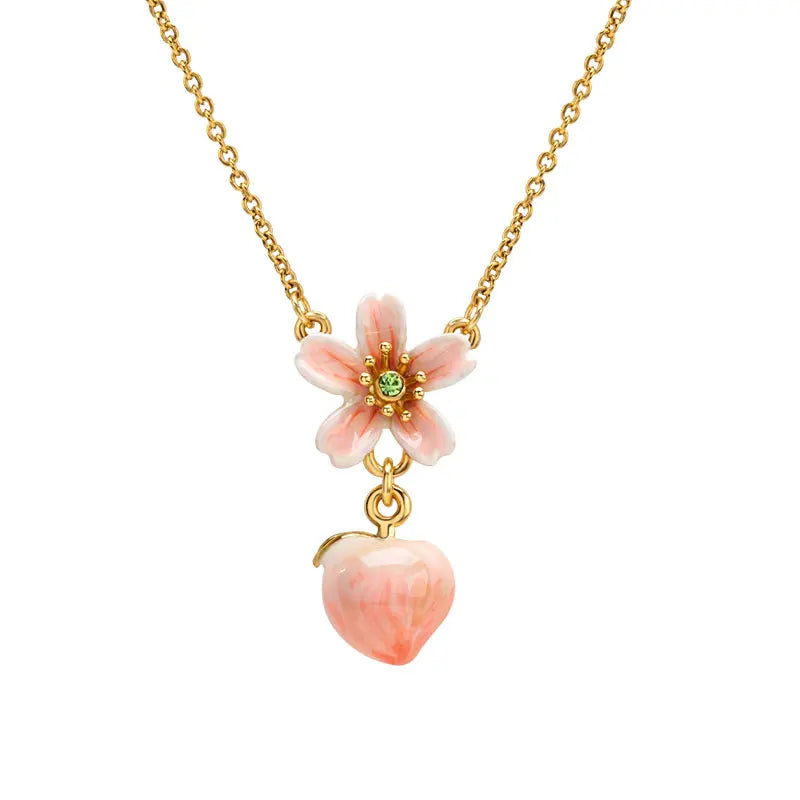Juicy Grape Peach Flower Earrings 925 Silver Pin Handmade Enamel Necklaces Pink Copper Plated 18K Gold  For Girl Trendy Jewelry
