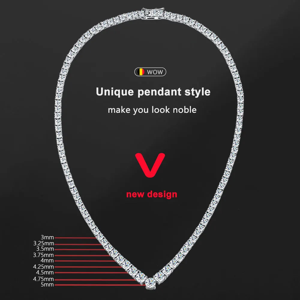 KNOBSPIN Moissanite Tennis Necklace for Woman V Style Wedding Party Neckchain 925 Sterling Sliver Plated 18k White Gold Necklace