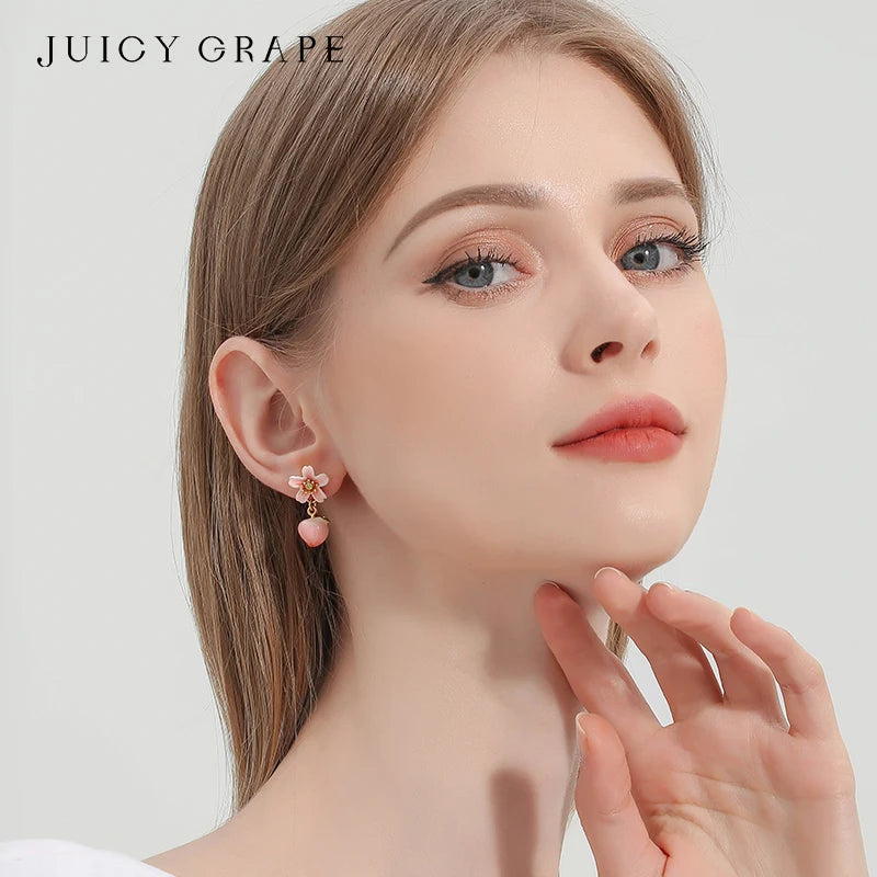 Juicy Grape Peach Flower Earrings 925 Silver Pin Handmade Enamel Necklaces Pink Copper Plated 18K Gold  For Girl Trendy Jewelry