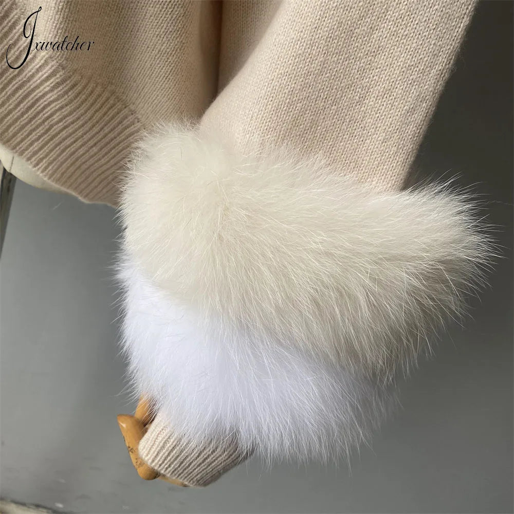 Jxwatcher Fashion Women Sweaters 2023 New Style Wool Knitted Pullover Real Fox Fur Cuffs Ladies Autumn Winter Warm Blouse Female