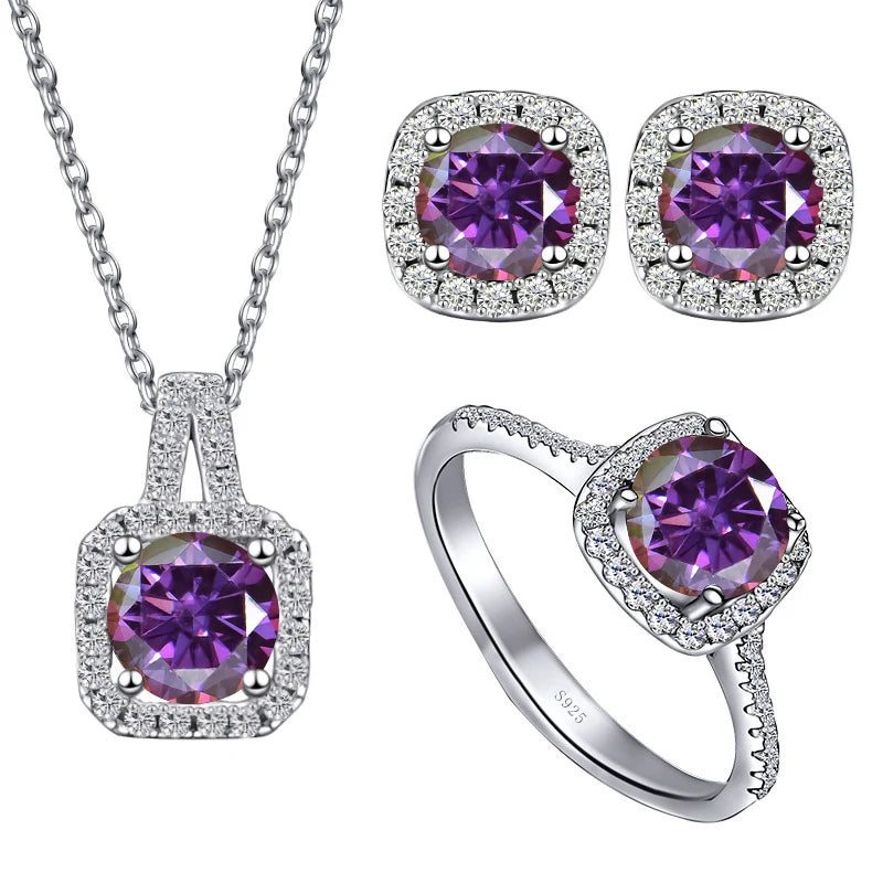 JoyceJelly S925 Sterling Silver jewelry for women 1 carat moissanite diamond 3 pieces set necklace ring earrings wedding party