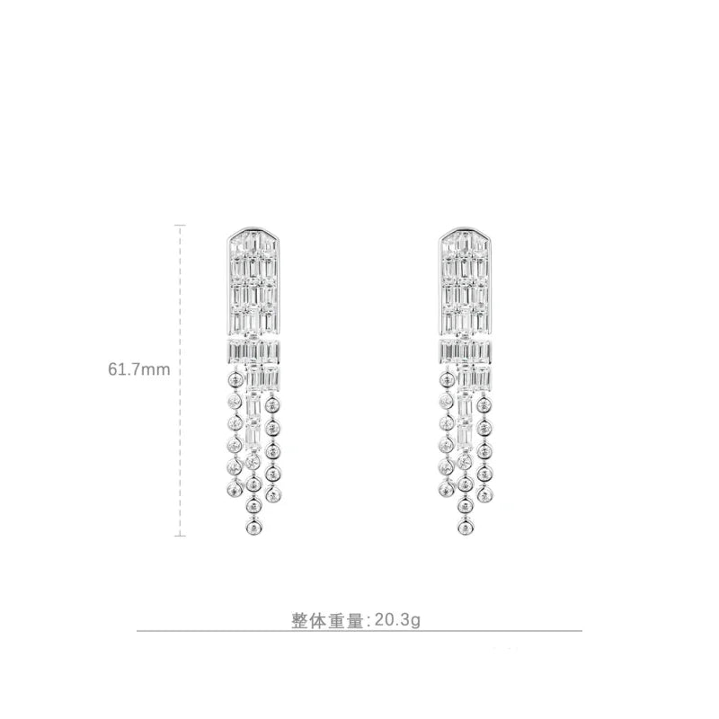 Bellux 925 Silver Synthetic Zircon White Emerald Cut Gemstone Small Round Diamond Tassel Long Earrings for Women