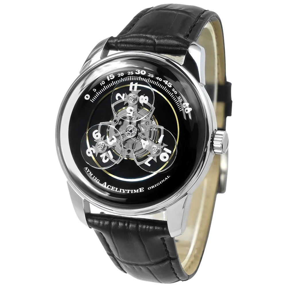 Fashion Men Automatic Mechanical Watch Skeleton Dial 316L Stainless Steel Case Waterproof Genuine Leather Strap Wristwatch