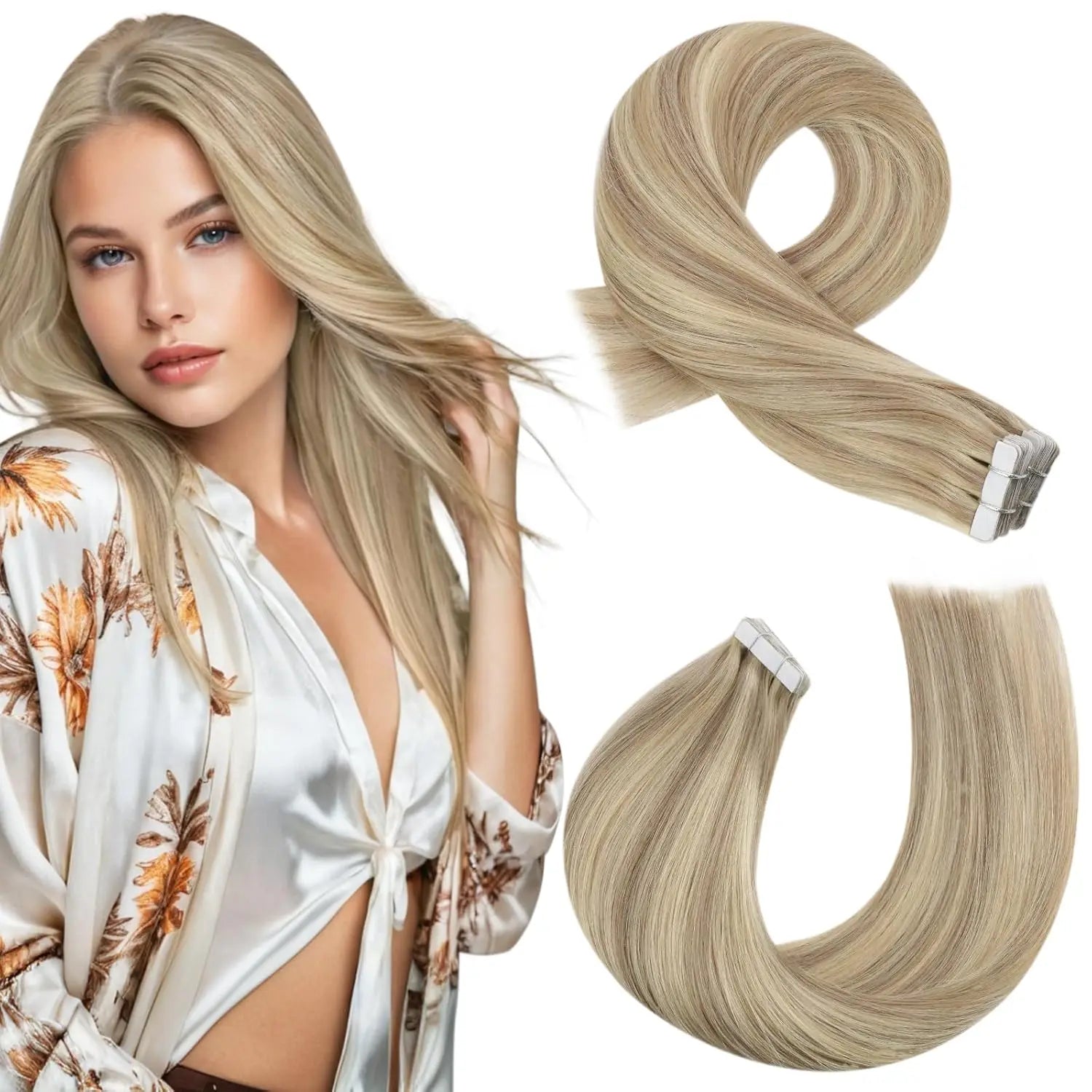 Moresoo Tape in Human Hair Extensions Balayage Blonde Hair Remy Hair Natural Soft Skin Weft Straight Seamless Hair Tape in Hair