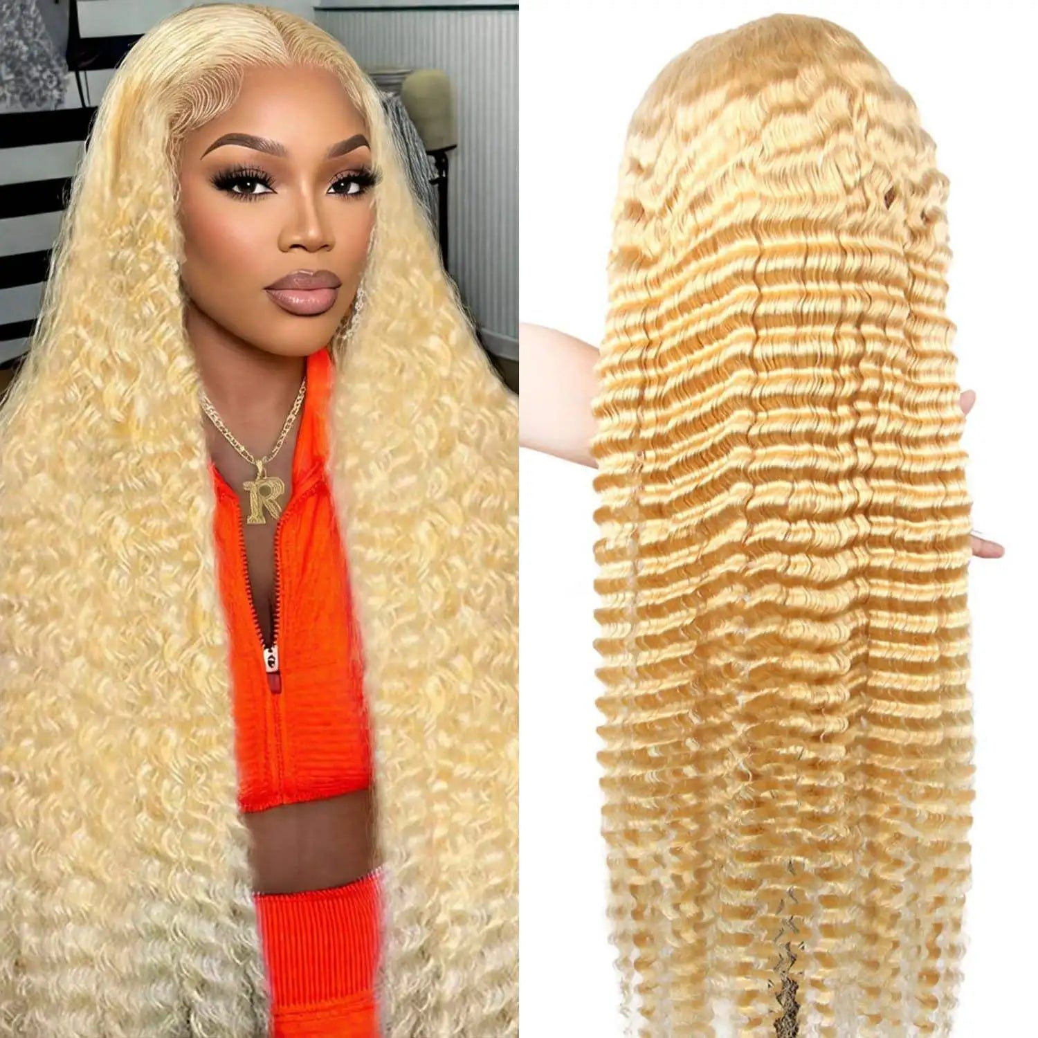 200% 250% Density 613 Blonde Lace Front Wigs Deep Wave Human Hair 13x4 Hd Lace Frontal Wig Pre Plucked Brazilian Ponytail Human Hair Lace Frontal Wig For Women Ready to Wear On Clearance Sale Pre Plucked Wig Party Work