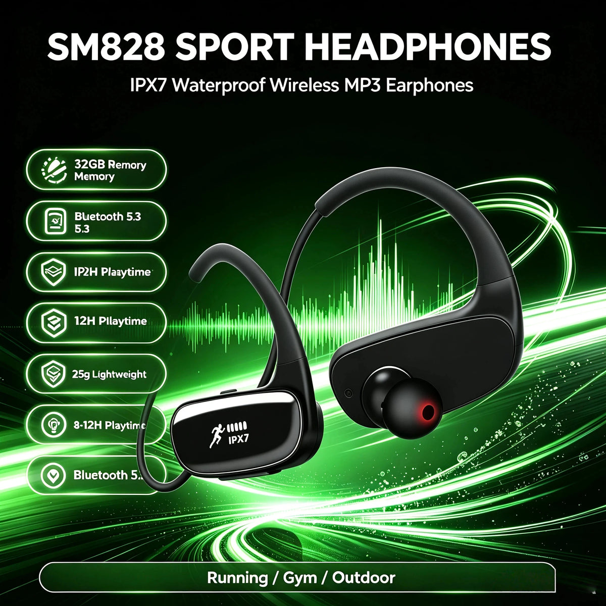 Bluetooth 5.3 In-Ear Earbuds IPX7 Waterproof Headphones, Built-in Noise Cancelling Mic, Secure Fit for Running Gym Fitness