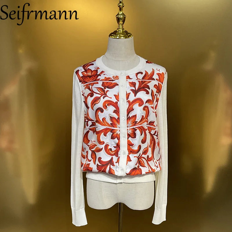 Seifrmann 2026 Summer Women's New Fashion Round Neck Long Sleeve Silk Splicing Wool Printed Cardigan+Tank Top Two Piece Set