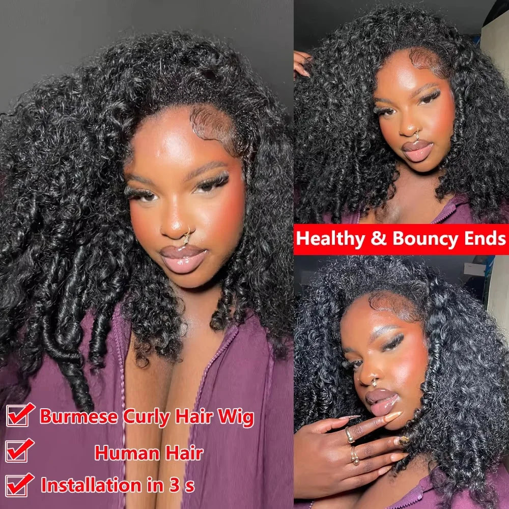 Burmese Curly Half Wig Human Hair Glueless Wig Human Hair Ready to Wear 3 IN 1 Half Wig Burmese Curly Flip Over Wig With Drawstring Seamless Clip Ins