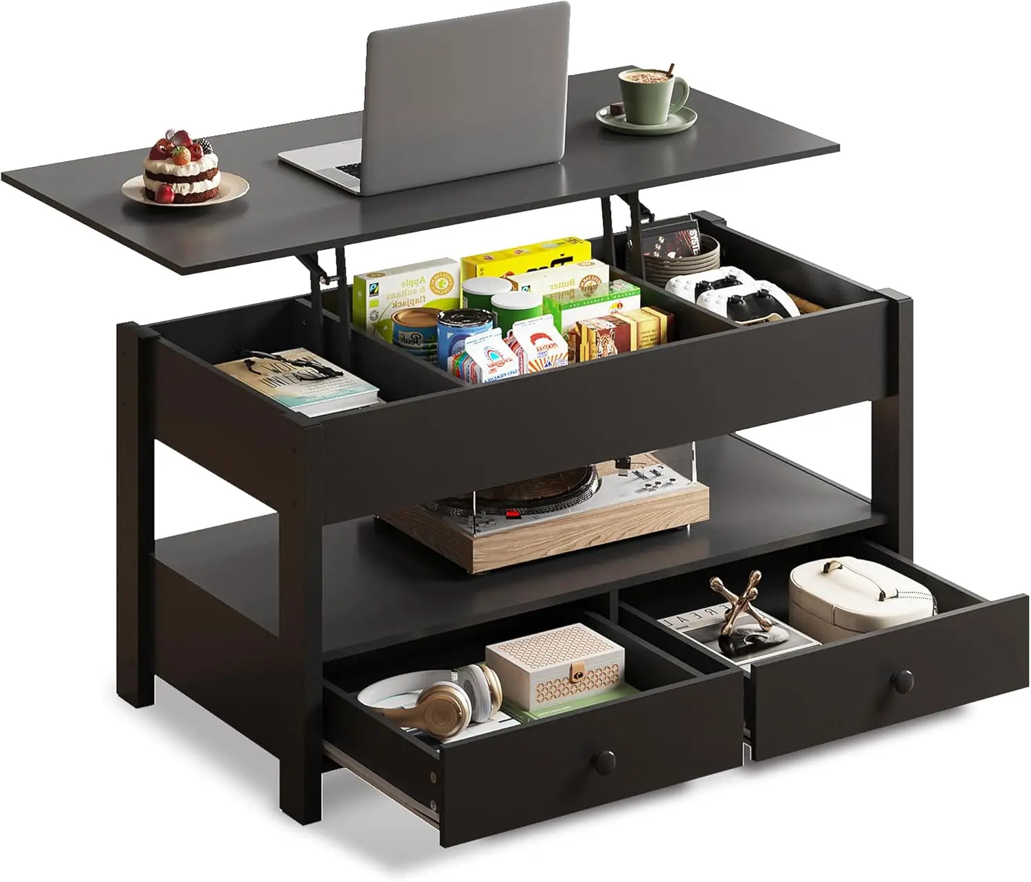 WLIVE Black Lift Top Coffee Table with 2 Drawers LED Light - Large Storage Open Shelf for Living Room Modern Home Furniture