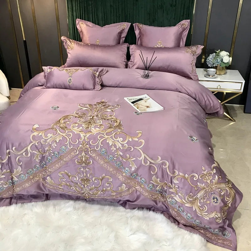 European Style Egyptian 100% Cotton Bedding Set Golden Embroidery Home Textiles Duvet Sheet Pillowcases Set Full King Queen Size