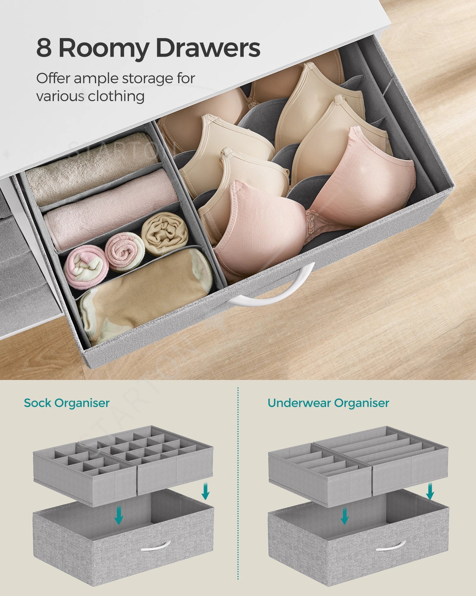 Storage Organiser Unit for Living Room Hallway 8 Fabric Drawers with Side Pockets Chest of Drawers for Bedroom