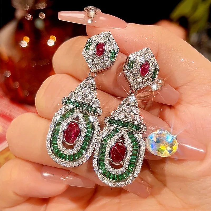 Luxury 18K Solid Platinum PT950 certifid new true red corundum palace style high-end earrings for women