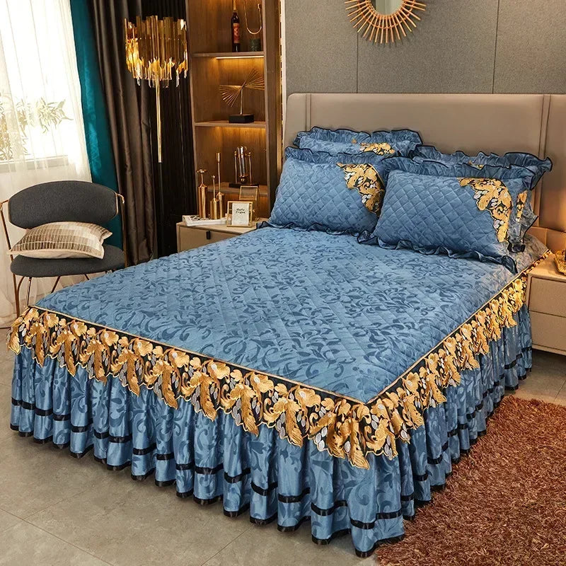Plush Winter Warm Bedspread on The Bed Thickened Bed Skirt-style Embroidery Cotton Quilt Bedding Cover Pillowcases