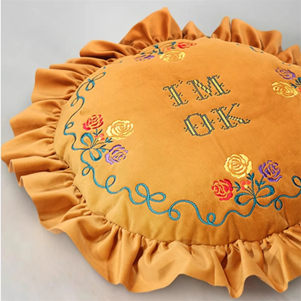 European-Style Pillow Two-Sided Sponge Balcony Cushion Home Decoration Embroidery Letter Printing Ruffled Round Love Pillowcase