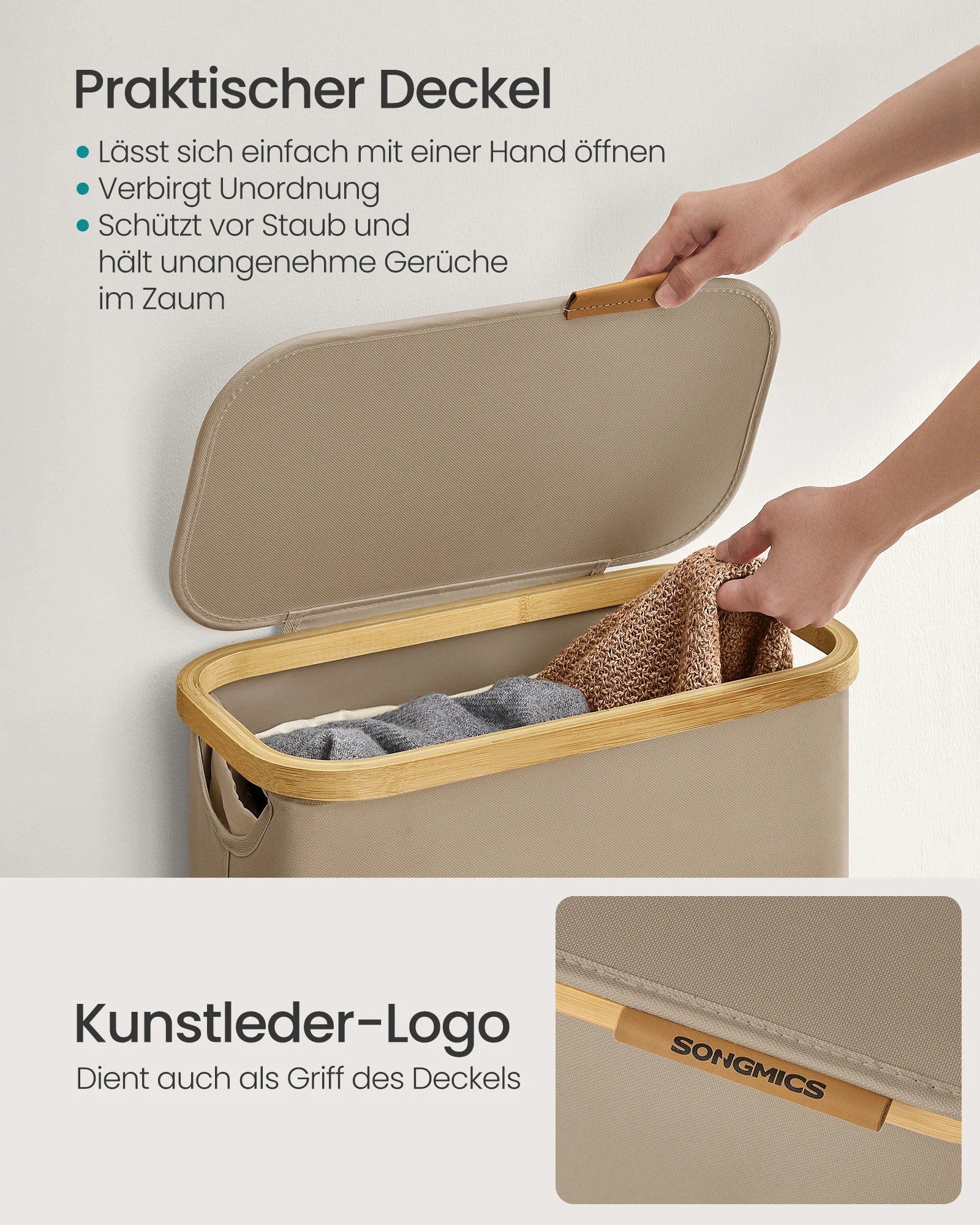 SONGMICS laundry basket with Lid 65 L Laundry Collector Space Saving Removable Laundry Bag Bamboo Handles Folding
