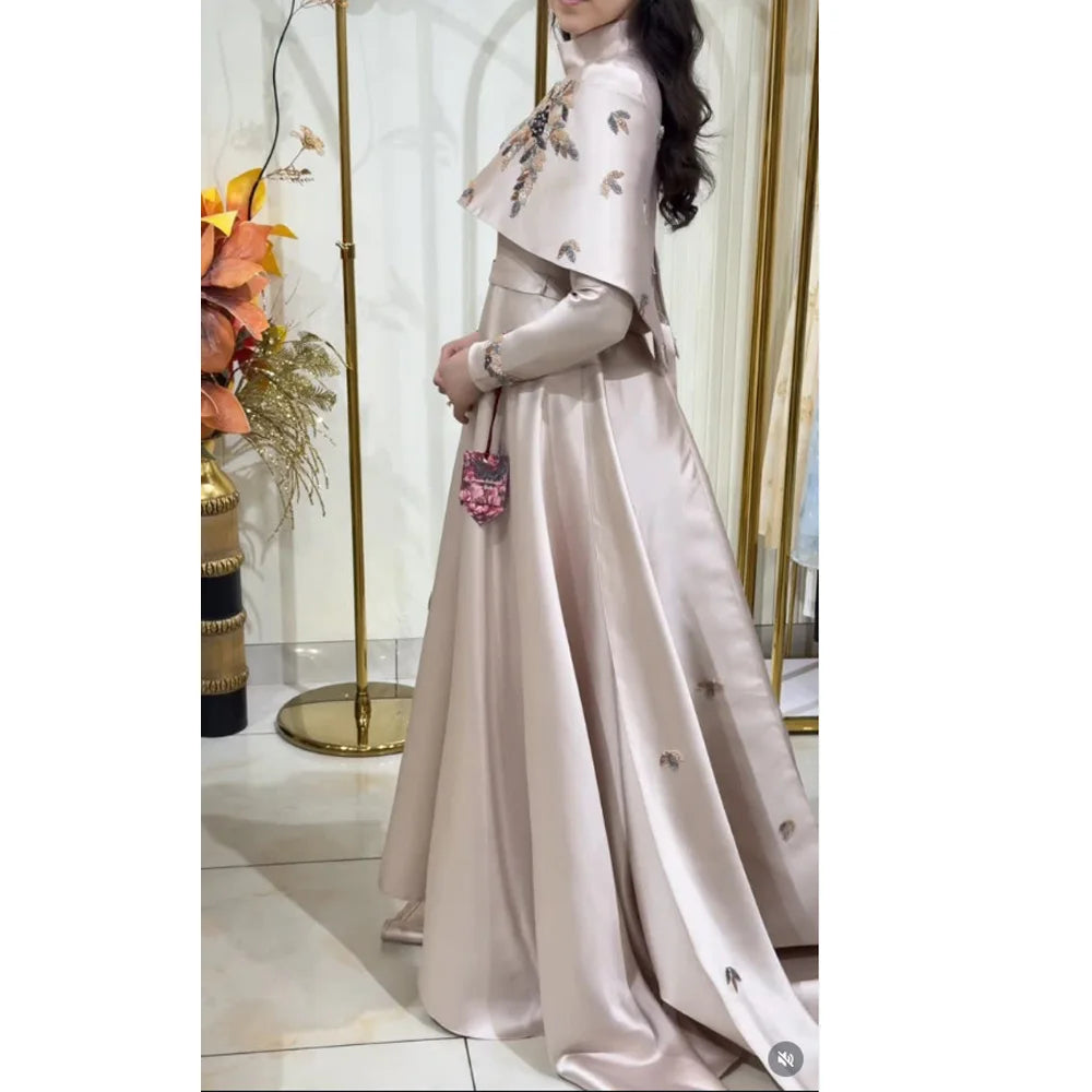 Customized A-line Evening Dresses Floor-length High-neck Full Sleeve Prom Gown Fashion Sequined Flowers Simple Draped Party Gown