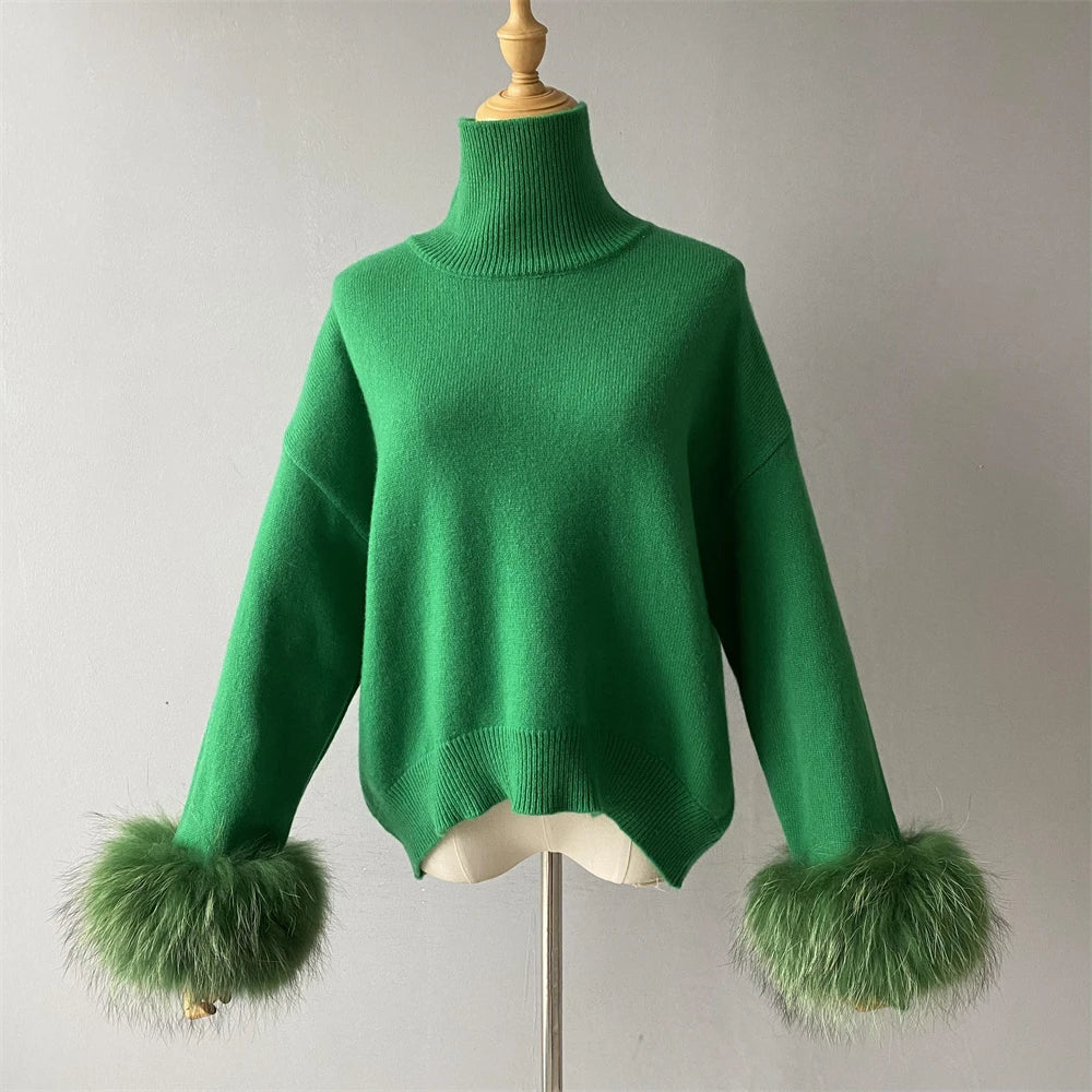 Jxwatcher Fashion Women Sweaters 2023 New Style Wool Knitted Pullover Real Fox Fur Cuffs Ladies Autumn Winter Warm Blouse Female