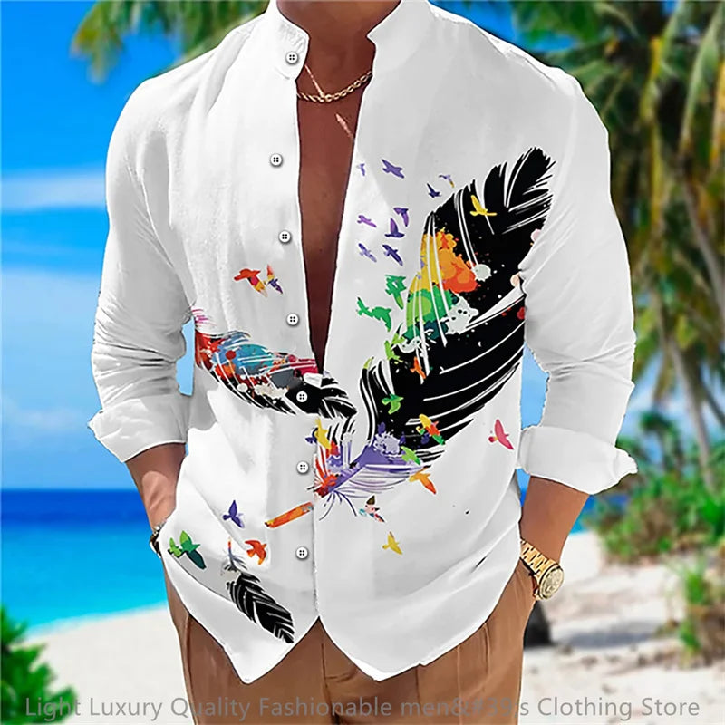 New men's shirt long-sleeved shirt 3D printing flower pattern long-sleeved standing clothing fashion casual XS-6XL soft fabric