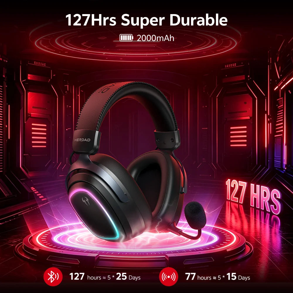 Heroad GT2 Wireless Gaming Headset by QCY THX Spatial Audio+7.1.4 Tri-mode RGB 3-Mic ENC Over Ear Headphone for PC Headset Gamer