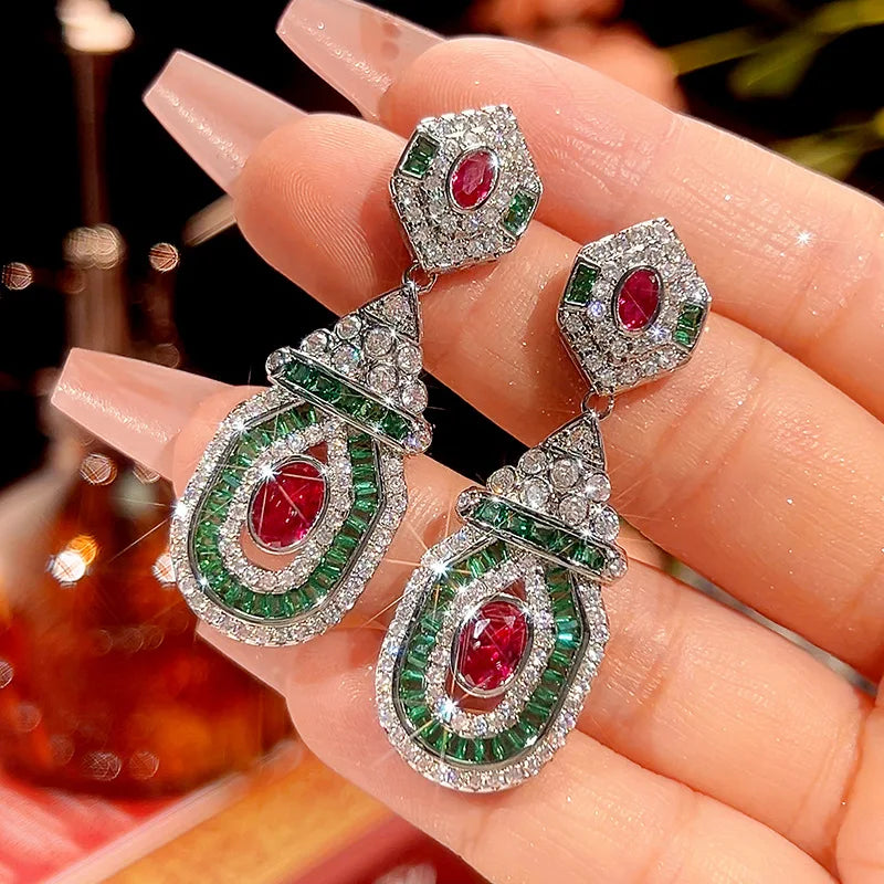 Luxury 18K Solid Platinum PT950 certifid new true red corundum palace style high-end earrings for women