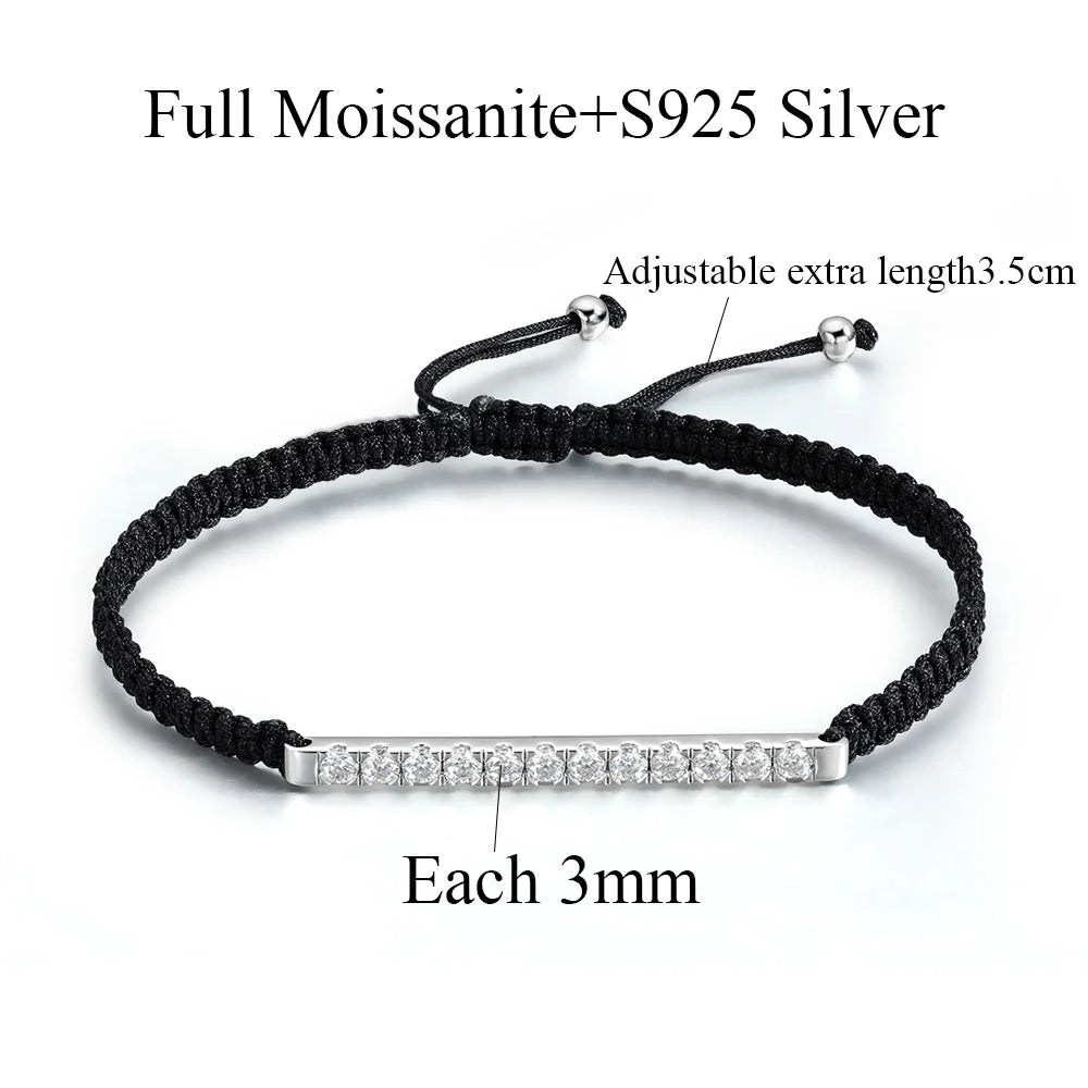 OEVAS 2/3mm Full Moissanite Bracelet for Women S925 Silver Lab Diamond Adjustable Braided Rope Chain Party Fine Jewelry Gift