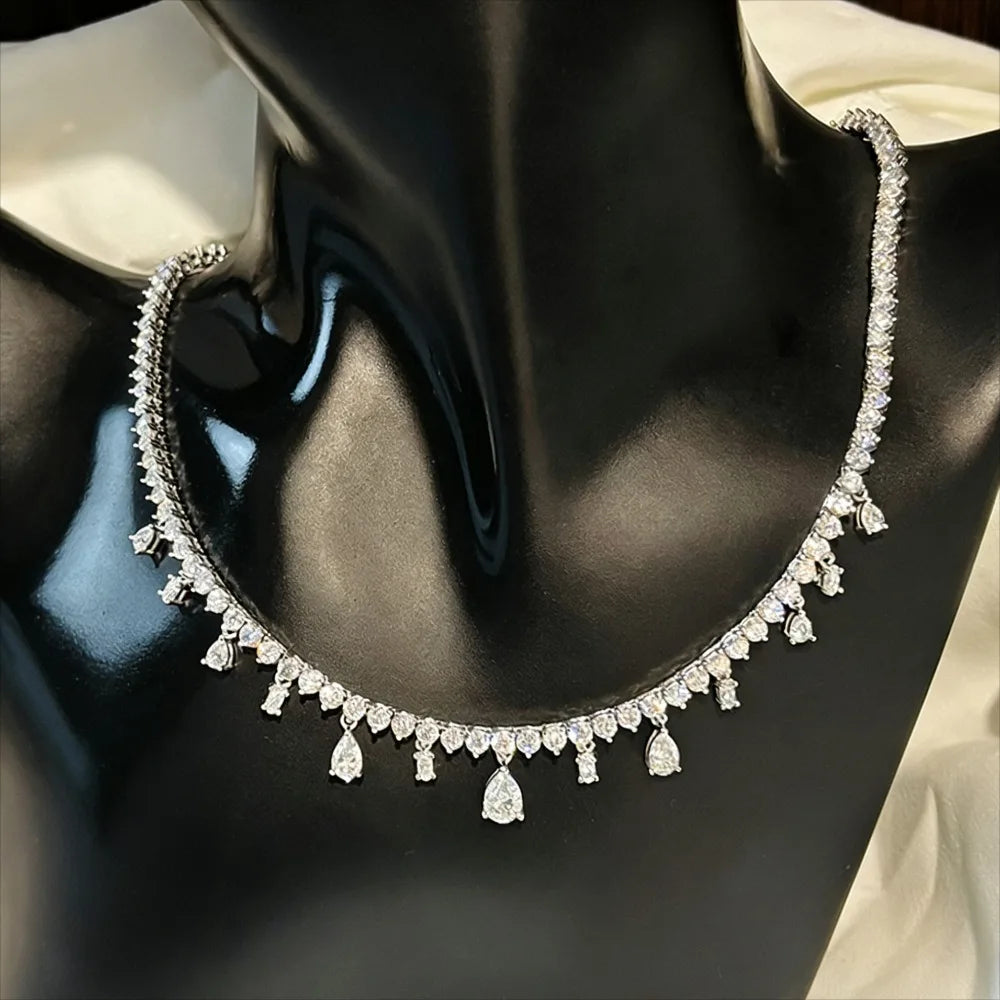 Full 3MM Moissanite Tennis Necklace with Pear Pendant 925 Sterling Silver Tassel Lab Diamond NeckChain for Women Wedding Jewelry