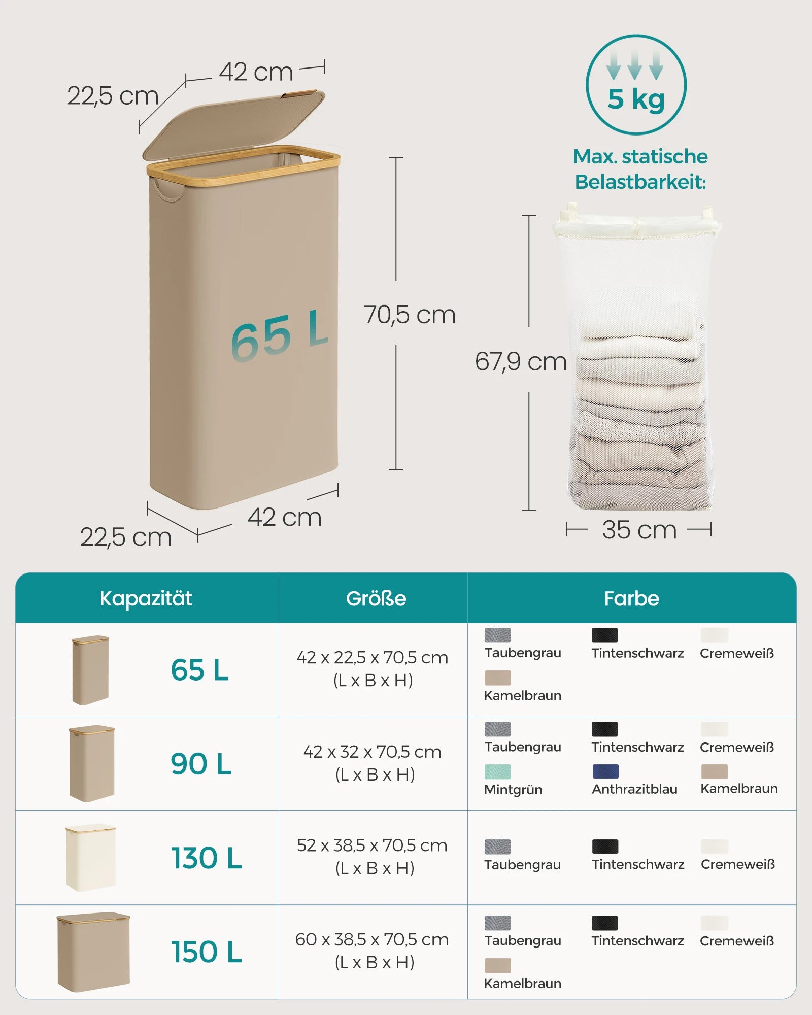 SONGMICS laundry basket with Lid 65 L Laundry Collector Space Saving Removable Laundry Bag Bamboo Handles Folding