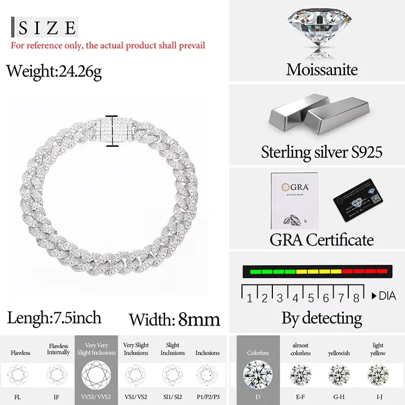 TUHE 8MM Cuban Link Chain for Man Bracelet Moissanite 925 Sterling Silver Bracelet for Men Hip Hop Jewelry Fashion Party Gifts