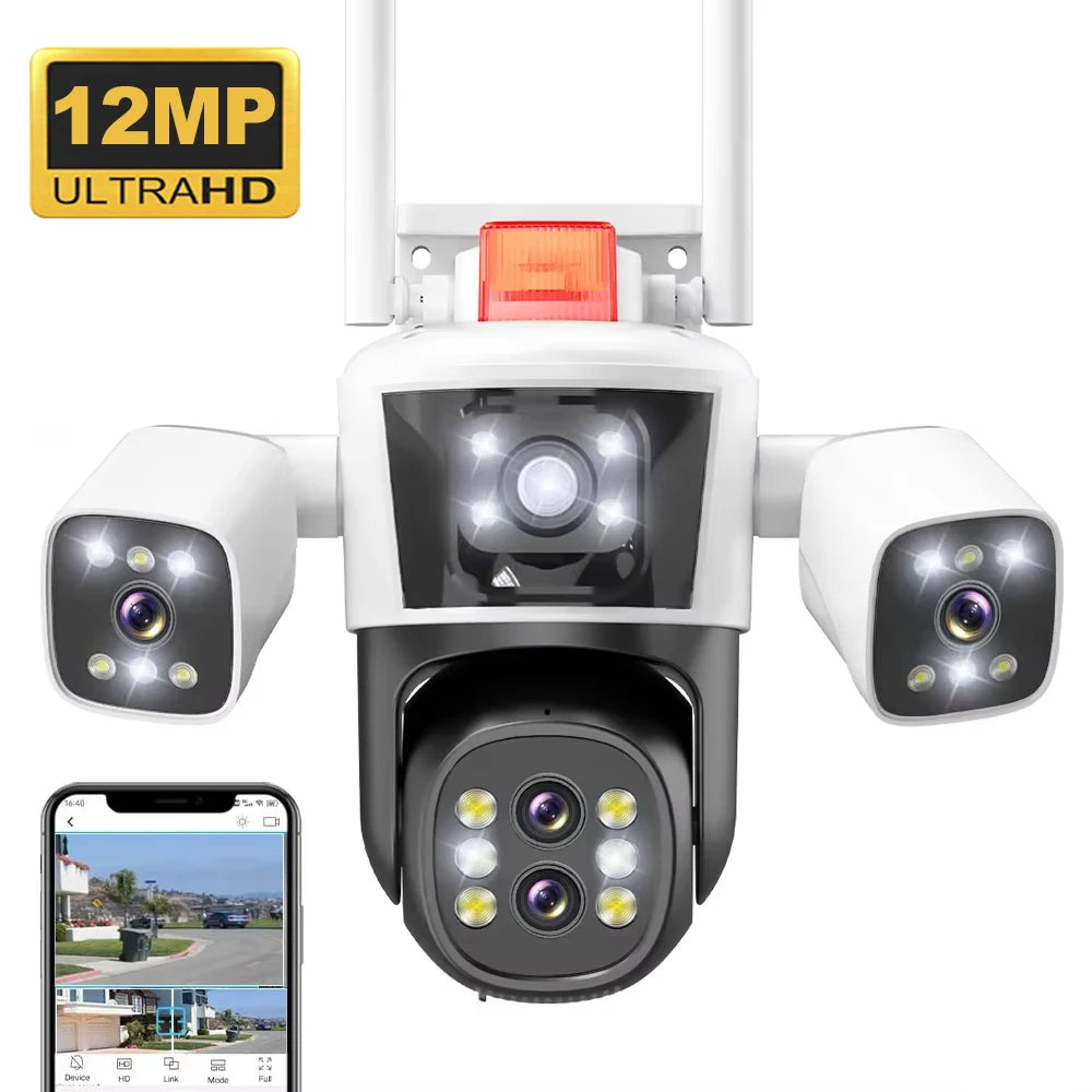 12MP 6K WiFi Security Cameras Four Len Three Screens Outdoor PTZ Video Cam Auto Tracking 6K Waterproof Surveillance Cam IPC360